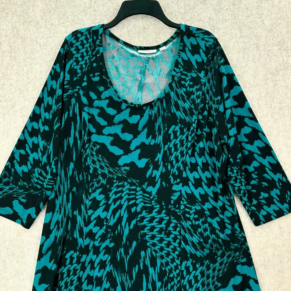 Susan Graver Liquid Knit Teal Black Abstract Stretch 3/4 Sleeve Dress Size XL - Picture 3 of 7